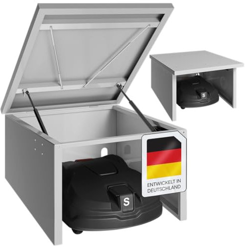 STEELSØN Drakon Mähroboter Garage - Garage für Mähroboter aus Stahl - Mähroboterhaus mit Pultdach für Garten witterungsbeständig & UV-Schutz - Rasenroboter Garage in Silber 90x76x53.5/42.5 cm