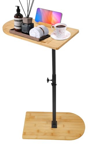 Gxpjycfob C-Shaped Side End Table, Adjustable Height Side Table Bamboo with Rotatable Phone Holder, Over Bed Table with Wine Glass Holder, Snack Coffee Tray Bed Side Table for Sofa Bed Bathtub(02)