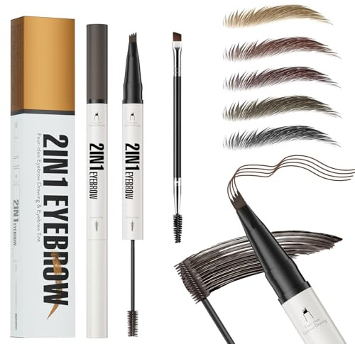 Matita Sopracciglia Waterproof, 2-in-1 Microblading Eyebrow Pen and Brow Gel con punta a 4 forchette, Crea Sopracciglia Naturali Senza Sforzo (03# Marrone Scuro)