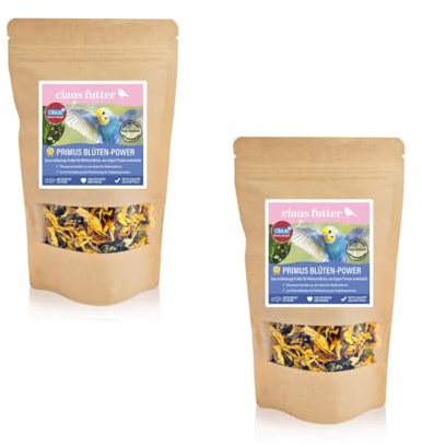 Claus Primus BLÜTEN-Power | Doppelpack | 2 x 30 g | Ergänzungsfutter für Ziervögel | 8 Heilpflanzen-Blüten | Für Sittiche, Papageien & Wellensittiche geeignet | Mehr Vitalität