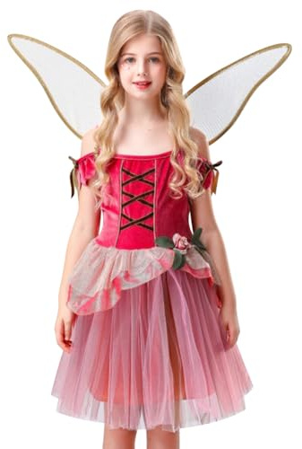 AGYMNX Fille Robe Fée Rose Déguisement Halloween Costume Fille Robe + Ailes 2 Pièces pour Enfants 5-10 ans de Carnaval Halloween Rouge 120