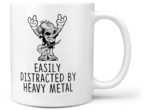 TeHeGifts Easily Distracted By Heavy Metal 11oz Ceramic Gift Mug – Rock Music Coffee Cup for Band Lovers
