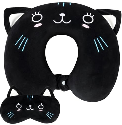 Alaoo Oreiller de Voyage en Mousse à mémoire avec Masque de Nuit, Chat Noir | Oreiller de Voyage pour Avion, Super léger et Portable, Coussin de Cou Formé en U Animal pour Voyage Avion Train Burea