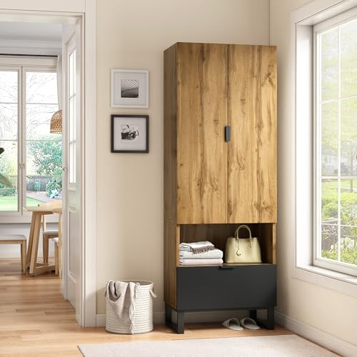 Merax Garderobenschrank 180x65x38cm, Kleiderschrank mit Kleiderstange, 1 Schublade und offenem Fach, verstellbare Einlegeböden, einfache Montage, Holz und Schwarz