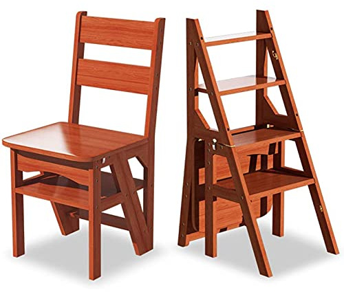 GPDNBIEU, Sgabello con scala a 4 gradini | Scaletta in legno | Sedia a pieghevole | multifunzionale di sicurezza, House(Brown)