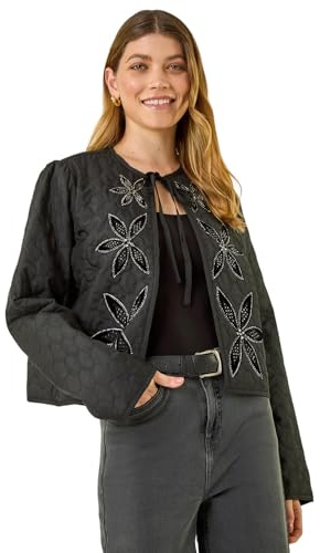 Roman Originals Quilted Velvet Trim Jacket for Women UK - Ladies Everyday Autumn Winter Round Neckline Comfy Soft Evening Vacation Work Party Night Out