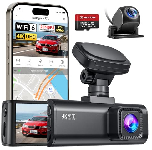 REDTIGER F7N 4K Front and Rear Dash Cam, 5.8GHz WiFi-20 MB/s with APP | Free 64GB SD Card, 2160P/UHD Car Dash Camera with Precise GPS, WDR, 3.18 Screen, Night Vision, 24H Parking Mode