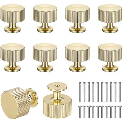 10PCS Knurled Cabinet Knobs, Gold Pulls Drawer Dresser Cupboard Door Knobs | Aluminum Alloy Cabinet Handle with 2 Sizes Screws for Kitchen Wardrobe Dressing Table