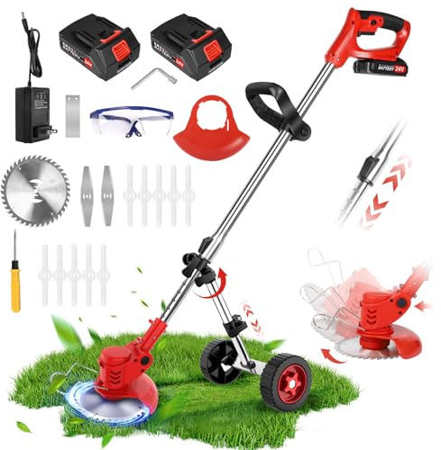 Lmozim Akku Rasentrimmer mit Rädern, Rasentrimmer Mit Akku 21V Rasenkantenschneider mit Akku und Ladegerät, Freischneider mit Messer,Verstellbare Länge, Kantenschneider Für Garten