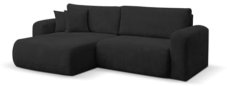 VENASI MÖBEL Ecksofa Roma, Eckcouch in L-Form mit Schlaffunktion und Bettkasten, Farbe: Schwarz, Cordstoff, Ottomane Universal