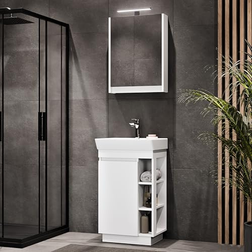 Planetmöbel Nyx Badmöbel Set 3-teilig Waschtisch | Unterschrank, 50 x 85,9 x 42 cm weiß, Spiegelschrank 50 x 65 x 11,4 cm mit LED Aufbauleuchte & Bad-Armatur in chrom