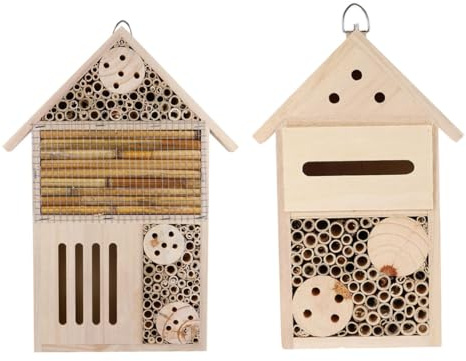 LAPYAPPE 2 Stück Holz Bienenhotel als Insektenhaus mit Nisthilfe und Schutz für Wildbienen im Garten Dekoratives Holzhaus mit Rahmenmontage für Draußen