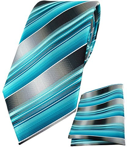 TigerTie Designer Krawatte Designer Einstecktuch in türkis silber anthrazit grau gestreift - Krawattenbreite 8 cm