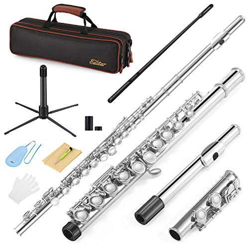 Eastar Closed Hole 16 Keys Flute for Beginner Kids Student with Cleaning Kit, Stand, Case, Gloves, Tuning Rod, Nickel, EFL-1