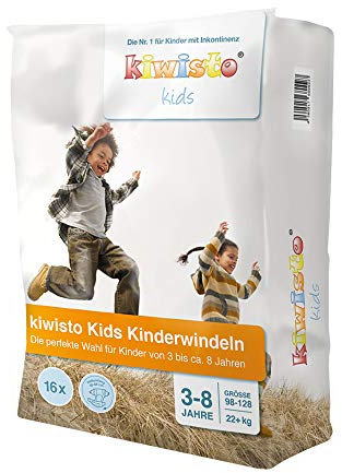 kiwisto Kids Kinderwindeln für Kinder von ca. 3 bis 8 Jahren - 22+ kg - 55-66 cm Hüftumfang - 16 Windeln