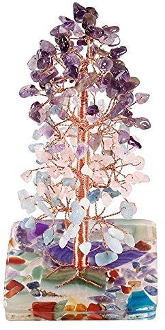 mookaitedecor Rose Quartz & Aquamarine & Amethyst Crystal Tree, Tumbled Stones with Geode Agate Slice Base Money Tree Decoration for Wealth and Luck 4.7-6 Inches