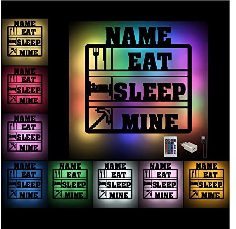 Namofactur USB-Wandlampe Eat Sleep Mine aus Holz für Gamer