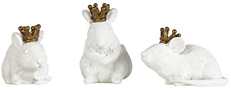 Prodbuy Set of 3 Small White Resin Mice Ornaments Gold Crowns Mouse Figures Statues