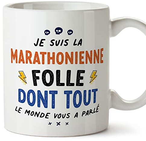 Mugffins Tassen/Becher mit Spruch für MARATHONLÄUFERIN - Auf Französisch - Tout le monde vous a parlé - 11 oz / 330 ml - originelles und lustiges Geschenk Mitarbeiter
