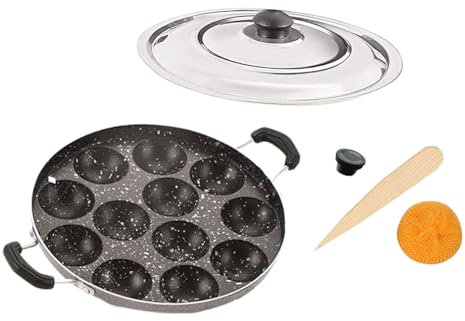 Non Stick Aluminium Appam Pan 12 Pits with Steel Lid, Two Side Handel Appam Maker with Steel Lid, Paniyaram Pan, Black and Silver