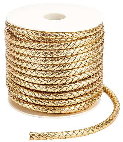 BENECREAT Cordon Cuir Tressé Rond Doré 15m, Corde de Cordon de Perles en Similicuir de 7 mm de Large pour la Fabrication de Bijoux, Colliers, Bracelets, Enveloppements, Artisanat