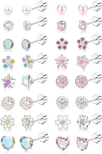 Diamday 16Paires Boucles d'Oreilles à Vis Hypoallergénique Femmes Filles Acier Chirurgical Mignon CZ Perle Coeur Fleur Dos Vissé Boucles d'Oreilles à Fond Plat Multicolore Petit Boucles d'Oreilles