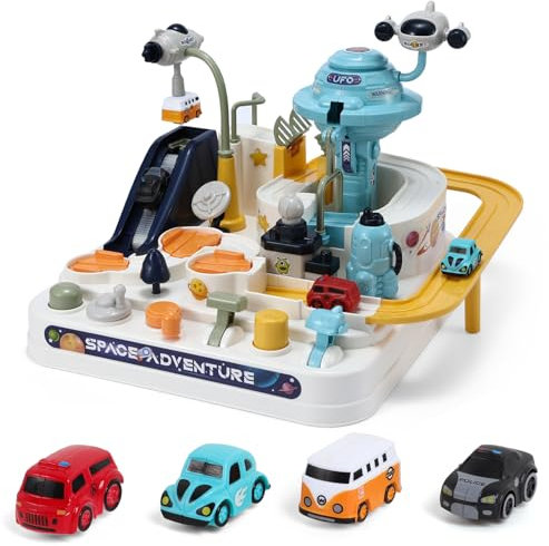 Auniq Piste d'Aventure en Voiture - Jouet Éducatif et Interactif Montessori Avec 4 Voitures - Cadeau pour Garçon et Fille de 3 à 8 Ans