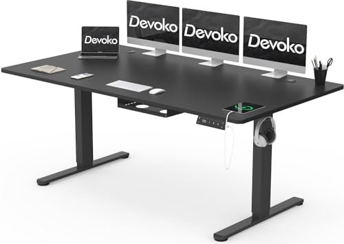 Devoko Höhenverstellbarer Schreibtisch 180x80cm mit Typ-C Ladeanschluss, Schreibtisch Höhenverstellbar Elektrisch, Mobiler Elektrisch Computertisch mit Kabel Management Tray, Schwarz