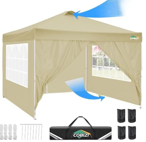 COBIZI 3x3 Pergolas de Jardín, Protección UV Carpas para Exteriores, Impermeable Cenadores para Jardin, Cubra con Respiraderos, con 4 Paredes y 4 Bolsas de Arena,para Camping, Fiestas, Caqui