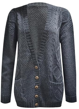 Womens Ladies Knitted Chunky Button GRANDED Cable Cardigan Top Plus Size 8-22(Charcoal Size-16)