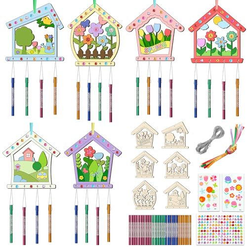 12tlg Vogelhaus Windspiele Bastelset Kinder Vogelhaus Bausatz Kinder Holz Klangspiele Set Holz Windspiel Bastelset Kindergeburtstag für Kinder Holz Windspiel Bastelset für Jungen Mädchen
