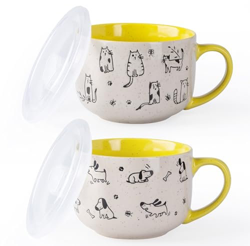 AmorArc 24 Ounces Ceramic Soup Mugs with Lids and Handle, Stoneware Bowls Cup Set of 2 for Soup, Stew, Noodle, Beautiful Mug Bowls With Lovely Dog,Cat Patterns, Microwave&Dishwasher Safe, Yellow