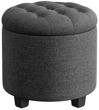SONGMICS Sitzhocker rund, Fußhocker mit Stauraum, Schminkhocker mit Beinen, 45 cm d, 44,5 cm H, bis 150 kg belastbar, für Wohnzimmer Schlafzimmer, dunkelgrau LOM011G01V1