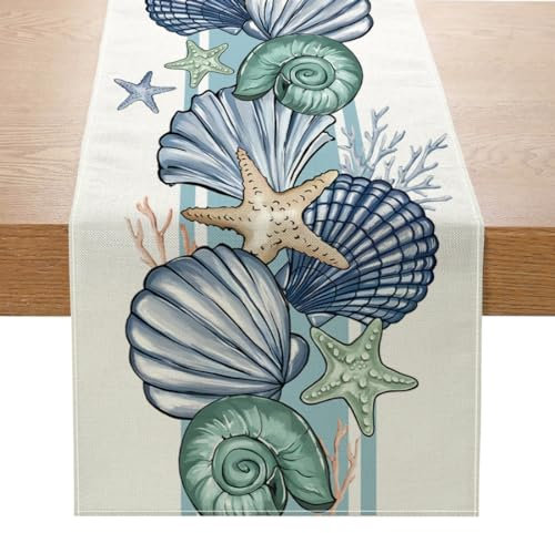 Avoik Sommer Mode Muscheln Tischläufer Ozean Thema Tropische Blau Tischläufer Saisonale Bauernhaus Tisch Center Dekor für Küche Dining Party Holiday Home Decor, 33x180cm, Shell