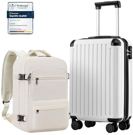 COOLIFE Ryanair Kabinenkoffer-Set 2tlg - 55x35x20+40x30x20 cm EasyJet TSA | PC+ABS Handgepäck Koffer, 4 Doppelrollen, Handgepäck Rucksack, Laptopfach – für Kurzurlaub, Geschäftsreisen & Flugreisen