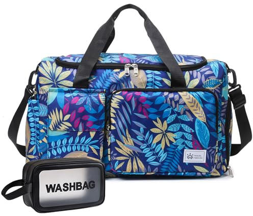 Z3 Blue Leaves Women's Gym & Travel Duffle Bag - Carry On Weekender with Shoe Compartment