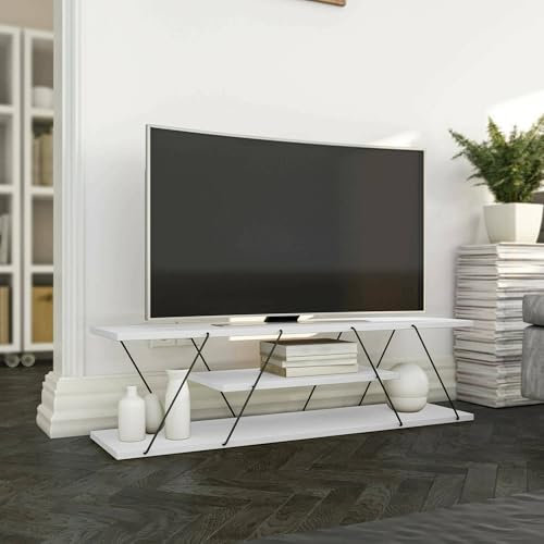 Dmora - Meuble TV Lysithea, Buffet de Salon, Armoire Basse pour TV, Base Murale de Rangement, 120x30h33 cm, Blanc et Noir