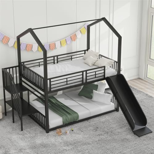 icemoonstar Etagenbett 140x200， Kinder Etagenbett， Kinderbett mit Rutsche， Hochbett， Stabil und Zuverlässig, Schwarz， Stockbett für 2 Kinder