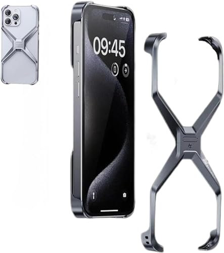 loutlo X-Form Anti-Fall nackte Handyhülle, X-förmiger Metallrahmen für iPhone 15/14/13 Pro Max, Wärmeableitung, rahmenlose Aluminiumlegierung, Metall-Eckpolster, Anti-Fall-Telefonhülle (Grau, 15)