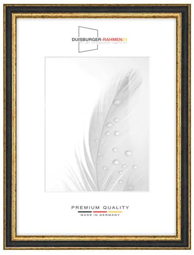 Duisburger-Rahmen24 Cadre photo en bois massif Rétro 20 x 30 cm en Noir-Or Baroque | Verre synthétique antireflet | Cadre pour affiches | Puzzle | collage DR107