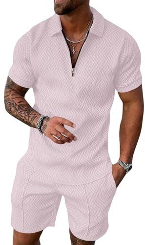 Hoefirm Tuta sportiva estiva da uomo, 2 pezzi, da lavoro, a maniche corte, per il tempo libero, Colore: rosa., S