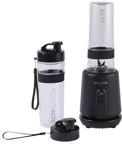 Salter EK6133MBLK Kuro Actifusion Blender – Smoothie Protein Shake Blender, 2 x 600ml Sports Bottles, BPA-Free, Leak Proof, One Touch Operation, Stainless Steel Blades, Non-Slip, Cord Storage, 350W