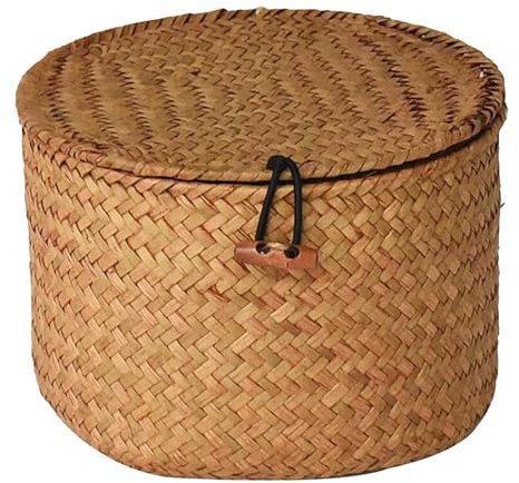 MagiDeal Bac de Rangement en Osier avec Couvercle, Panier de Rangement pour Cosmétiques, Collations à