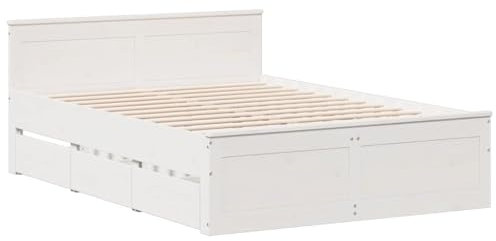 vidaXL Massivholzbett mit Kopfteil, Holzbett mit Bettfüße Schubladen Lattenrost, Doppelbett für Schlafzimmer, Bett Bettgestell, Weiß 140x190cm Kiefernholz