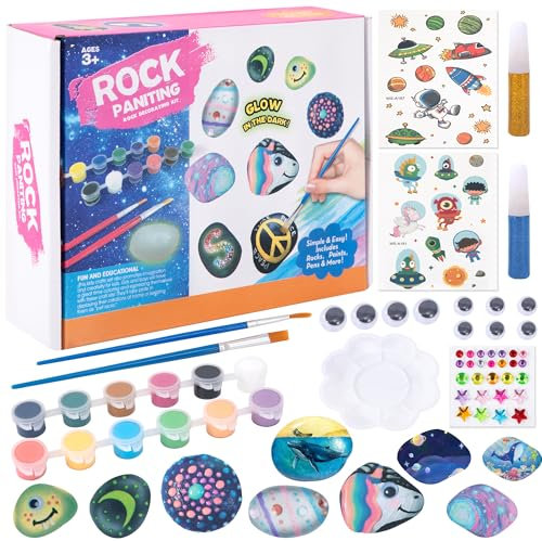 Wisplye Kit de Peinture sur Pierre Lumineuse pour Enfants, 10 Galets a Peindre Décorer avec Peintures et Autocollants, Kit de Loisirs Créatifs Cadeau pour Fille Garcon de 3+ Ans