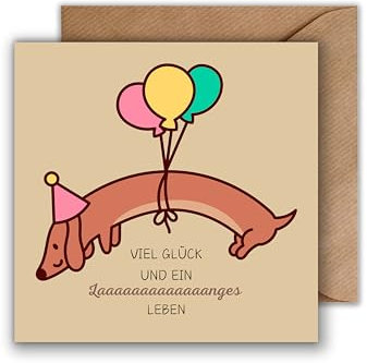 WBdesignz Geburtstag Karte mit Umschlag - Geburtstagskarte “Viel Glück und ein Laaaaaaanges Leben” mit Dackel und Luftballons Glückwunschkarte Geschenkkarte zum Geburtstag (125 x 125 mm)