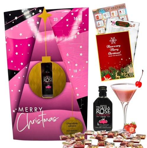 Tequila Rose Miniatures Advent Calendar 2024-5cl Strawberry Cream Liqueur, 24 Chocolate Squares and Christmas Activity Card - Mini Tequila Rose Gift Set, Christmas Gifts for Women Men