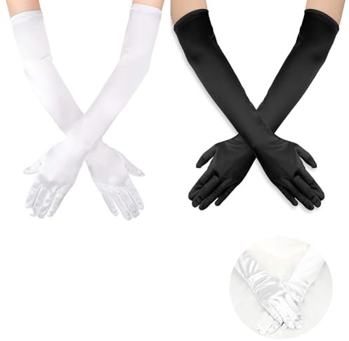 YUGUOLAN 2 Paar Handschuhe Weiß Lang, Handschuhe Lang, Lange Handschuhe, Schwarze Handschuhe Fasching, Für Frauen Mädchen Halloween Karneval Fasching Fest Party Kostüm (Schwarz Und Weiß)