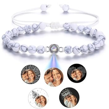 CrystalTears Armband mit Foto personalisierte Projektion Armband im Stein Weißer Howlite Perlenarmband Benutzerdefinierte Valentinstag Geschenke