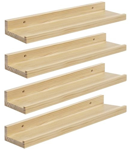 eSituro Lot de 4 Étagères Murales Bois, Tablette Murale, avec Bord de Protection, pour Chambre, Salon, Cuisine, Entrée, Couleur Bois Naturel, L40xP10xH4cm